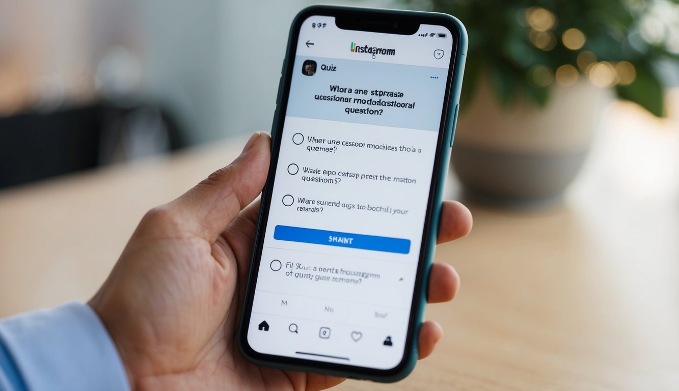 A smartphone with an Instagram app open, displaying a quiz feature with multiple choice questions and a submit button