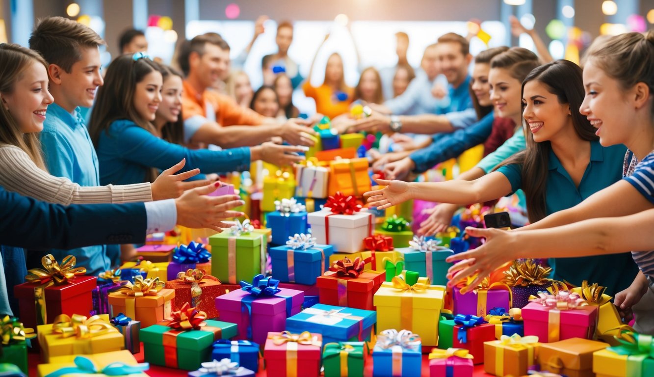 A colorful array of prizes and gifts spread out on a table, surrounded by excited onlookers reaching out to grab their favorite items