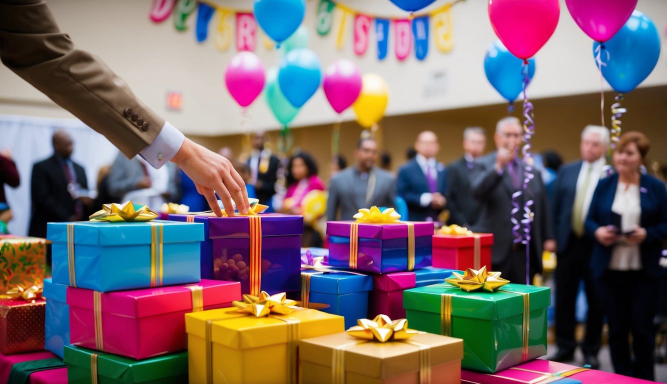 A table stacked with gift boxes, balloons, and a banner. A person's hand reaching out to pick up a prize. A line of people waiting in the background