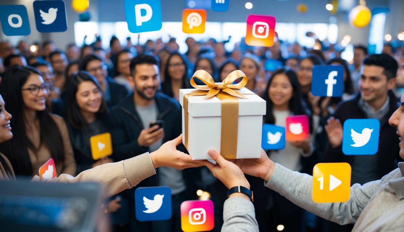 A person holding a gift box with a ribbon, surrounded by social media icons and promotional materials. A crowd of people eagerly waiting to receive the giveaway