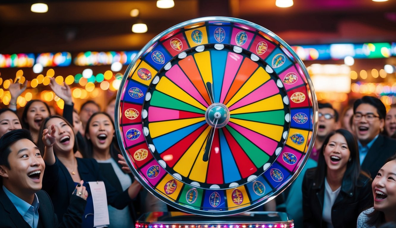 A colorful spinning wheel with various prize options, surrounded by excited onlookers