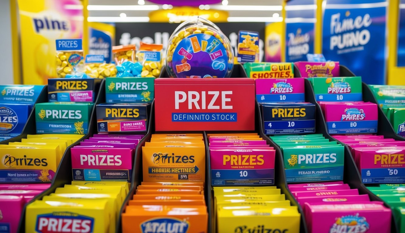 A vibrant, eye-catching display of prizes arranged in an enticing manner, with clear signage and branding to attract attention