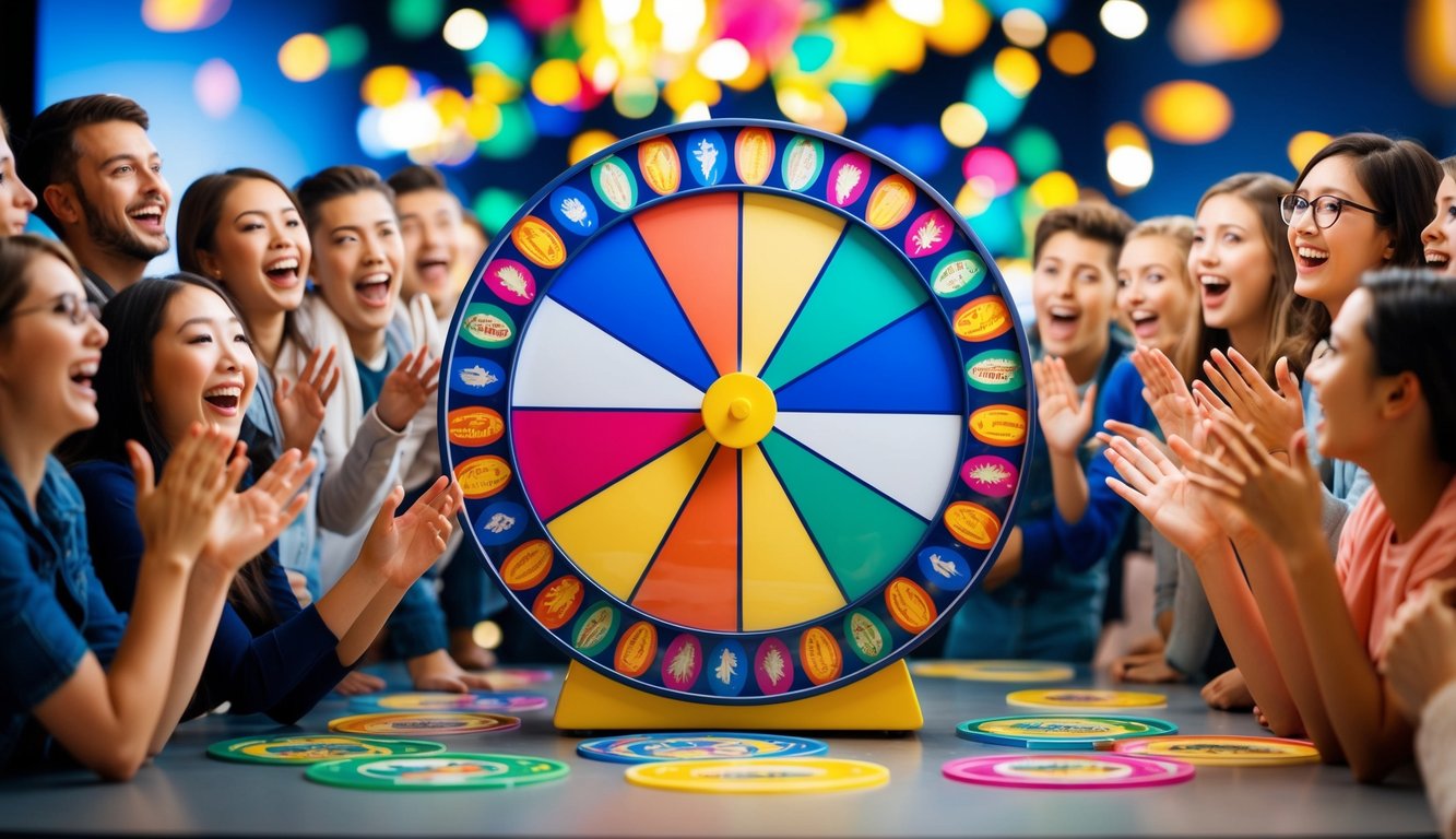 A colorful wheel spinning with various prizes, surrounded by excited participants eagerly waiting to see what they will win