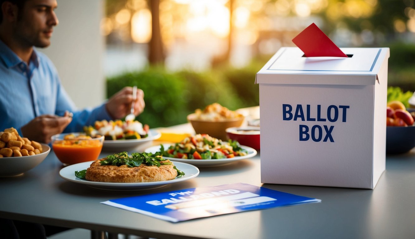 A table with various food items and a ballot box for polling