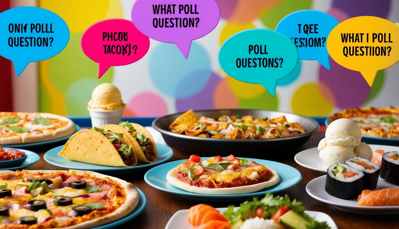 A table with various food items: pizza, tacos, ice cream, sushi. A colorful background with speech bubbles indicating different poll questions