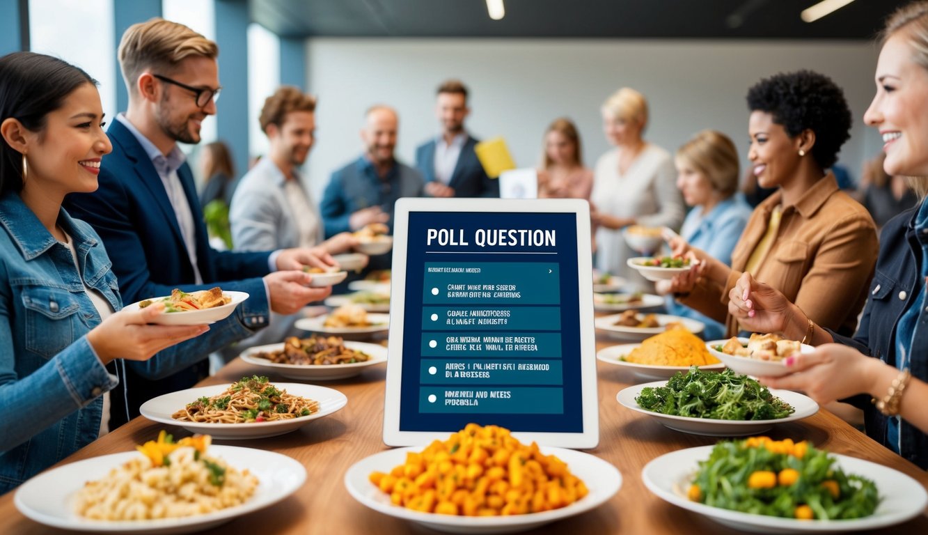 A table with various food items and a poll question displayed on a screen. People interacting and voting on their favorite items