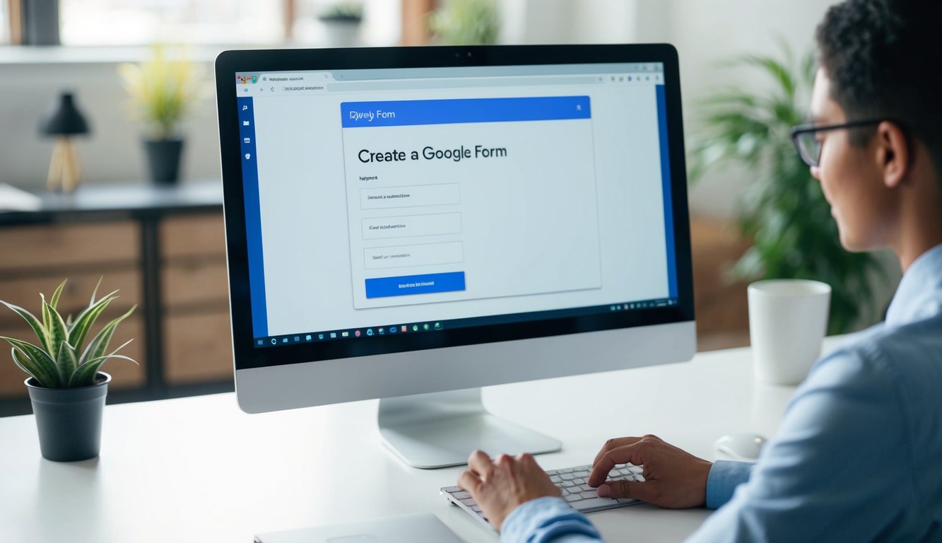 A person sitting at a desk with a computer, typing and clicking to create a Google Form. The screen displays the form-building interface