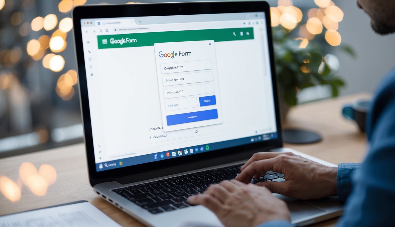 A person using a computer to create and manage a Google Form, clicking and typing on the screen to input questions and customize settings