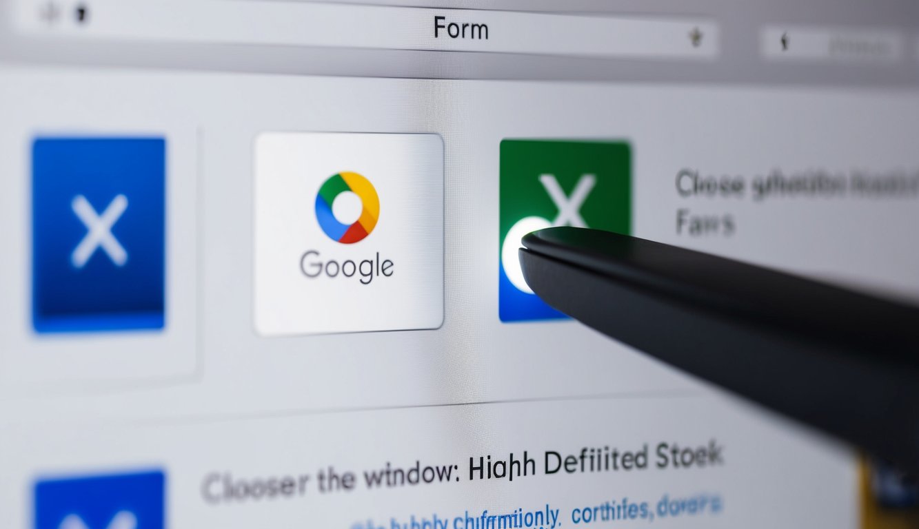 A cursor hovers over the "X" button in the top right corner of a Google Form, ready to click and close the window