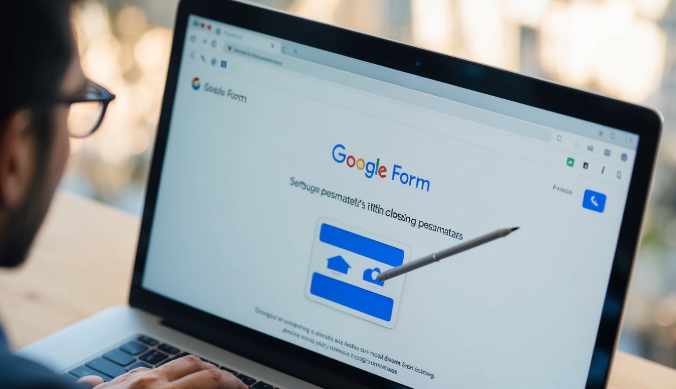 A computer screen displaying Google Form with a cursor hovering over the settings icon. The user is adjusting the closing parameters