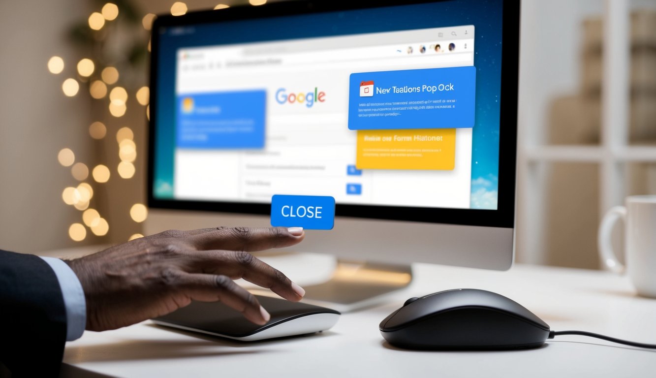 A hand reaches for a computer mouse, hovering over a "close" button on a Google Form. Notifications pop up on the screen