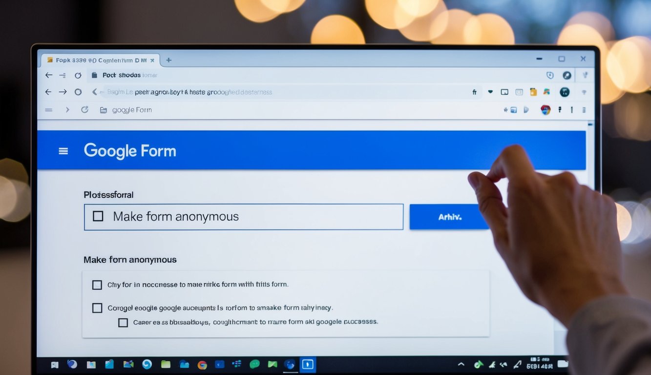 A computer screen showing a Google Form with a checkbox selected for "Make form anonymous." The cursor hovers over the checkbox