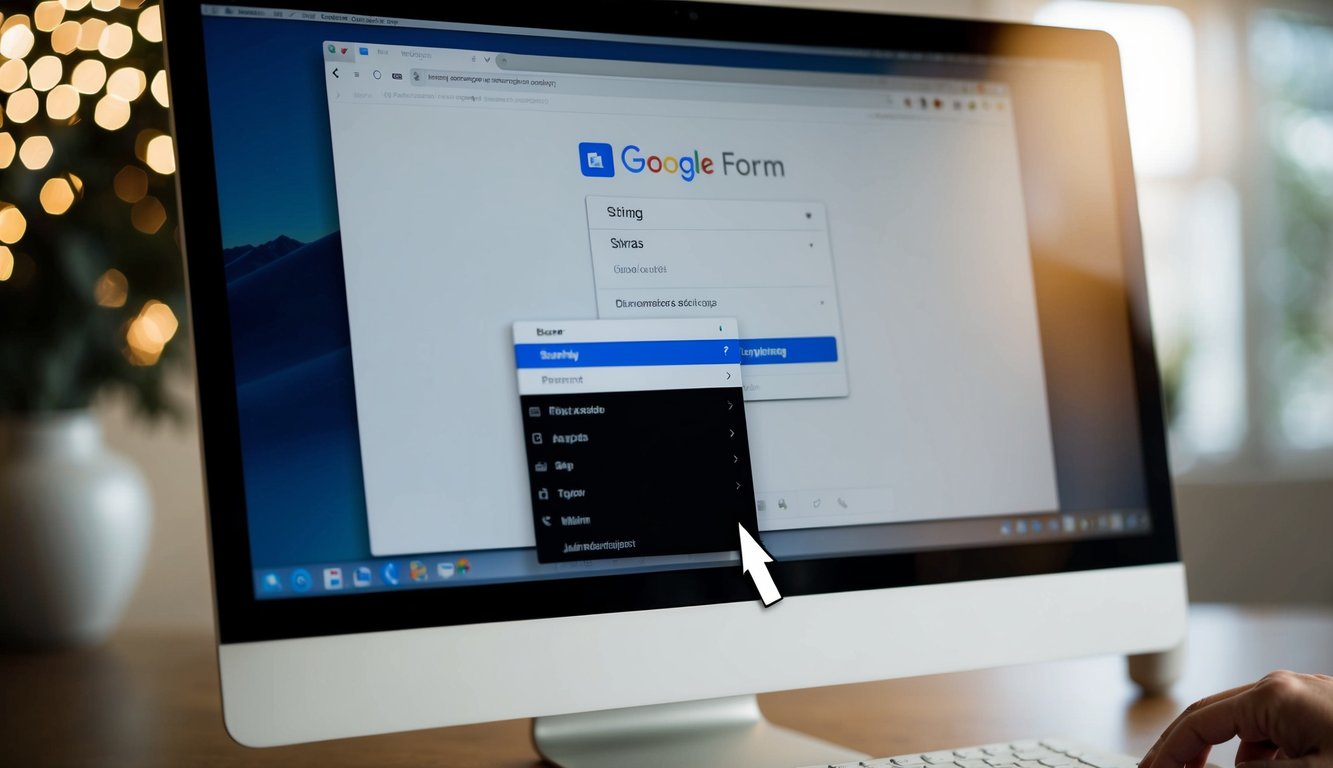 A computer screen showing the creation of a Google Form. The cursor hovers over the settings option, with a dropdown menu visible