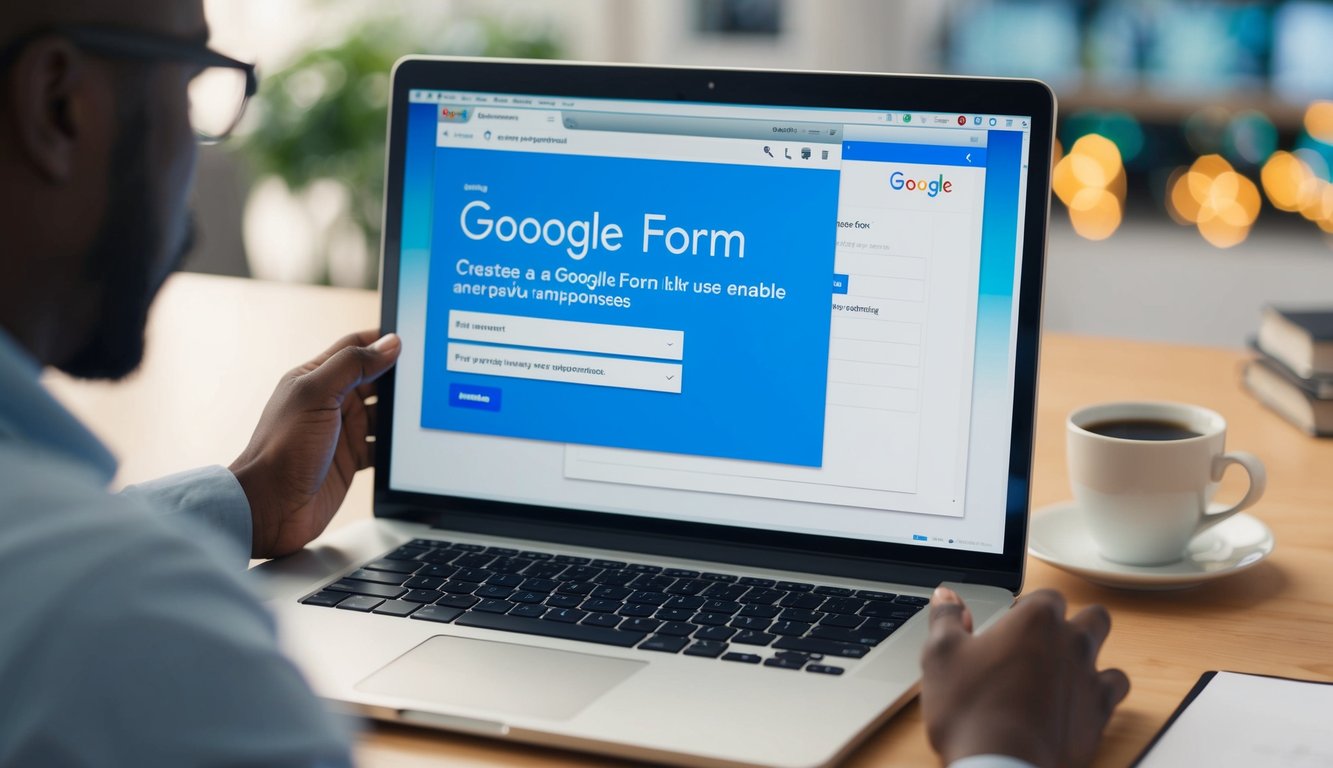 A person creates a Google Form on their computer, clicking on the settings to enable anonymous responses. The person then shares the form link with others