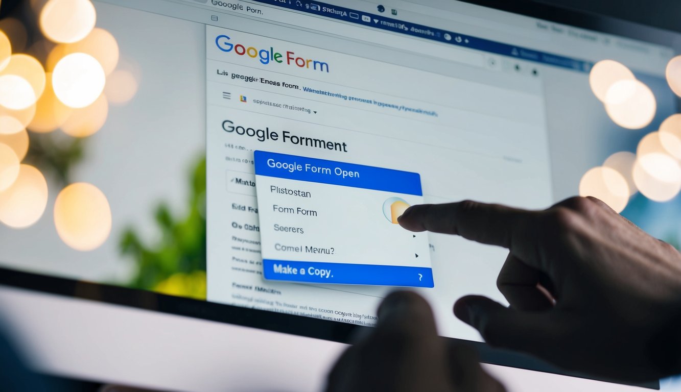 A computer screen showing a Google Form open in a web browser. A cursor clicks on the form's menu and selects "Make a copy."