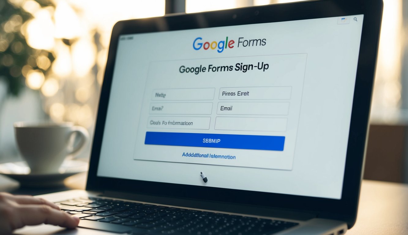 A computer screen displaying a Google Forms sign-up sheet with input fields for name, email, and additional information. A mouse cursor hovers over the submit button