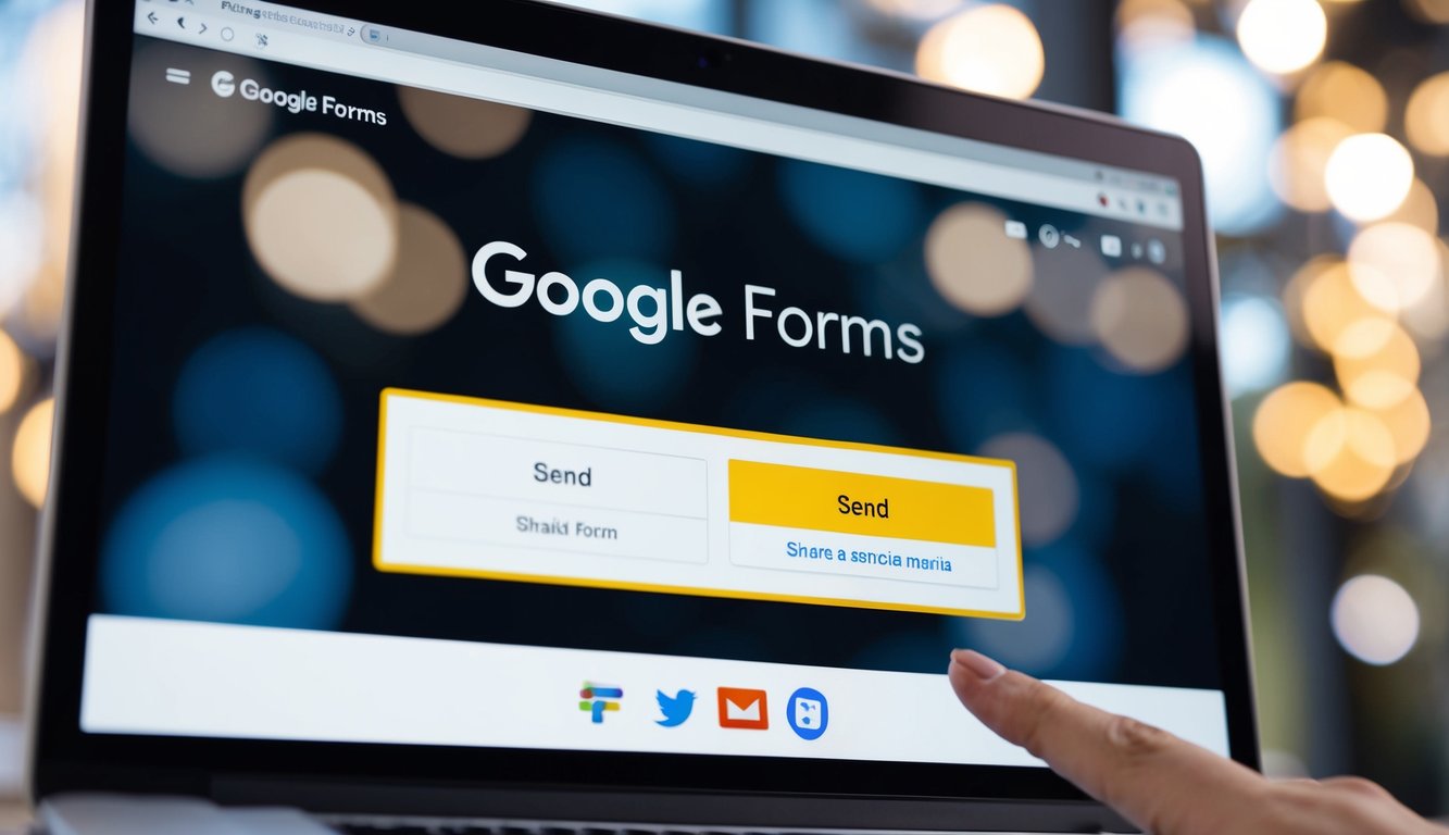 A computer screen showing the Google Forms interface with a cursor clicking on the "Send" button. The screen displays options for sharing the form via email, link, or social media