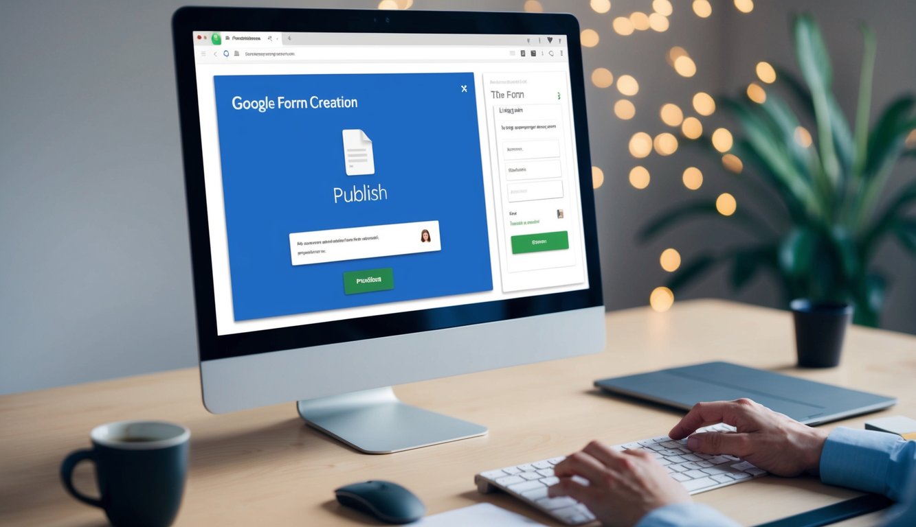 A computer screen with the Google Form creation page open, a mouse cursor clicking on the "Publish" button, and a notification confirming the form has been published