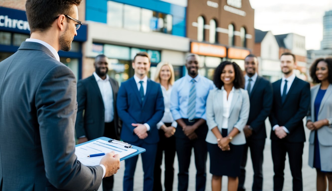 A person holding a clipboard and pen, approaching a group of diverse individuals. They are standing in front of a variety of businesses and buildings