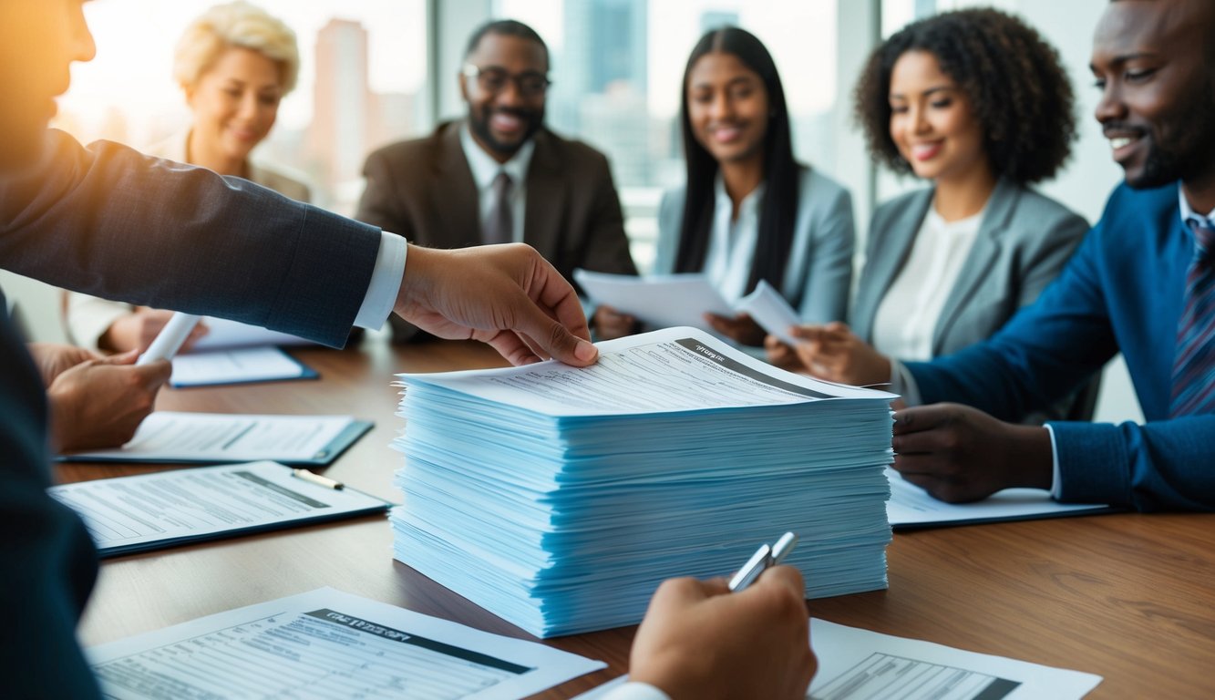 A person placing survey forms into a stack, while another person collects completed surveys from a group of diverse individuals