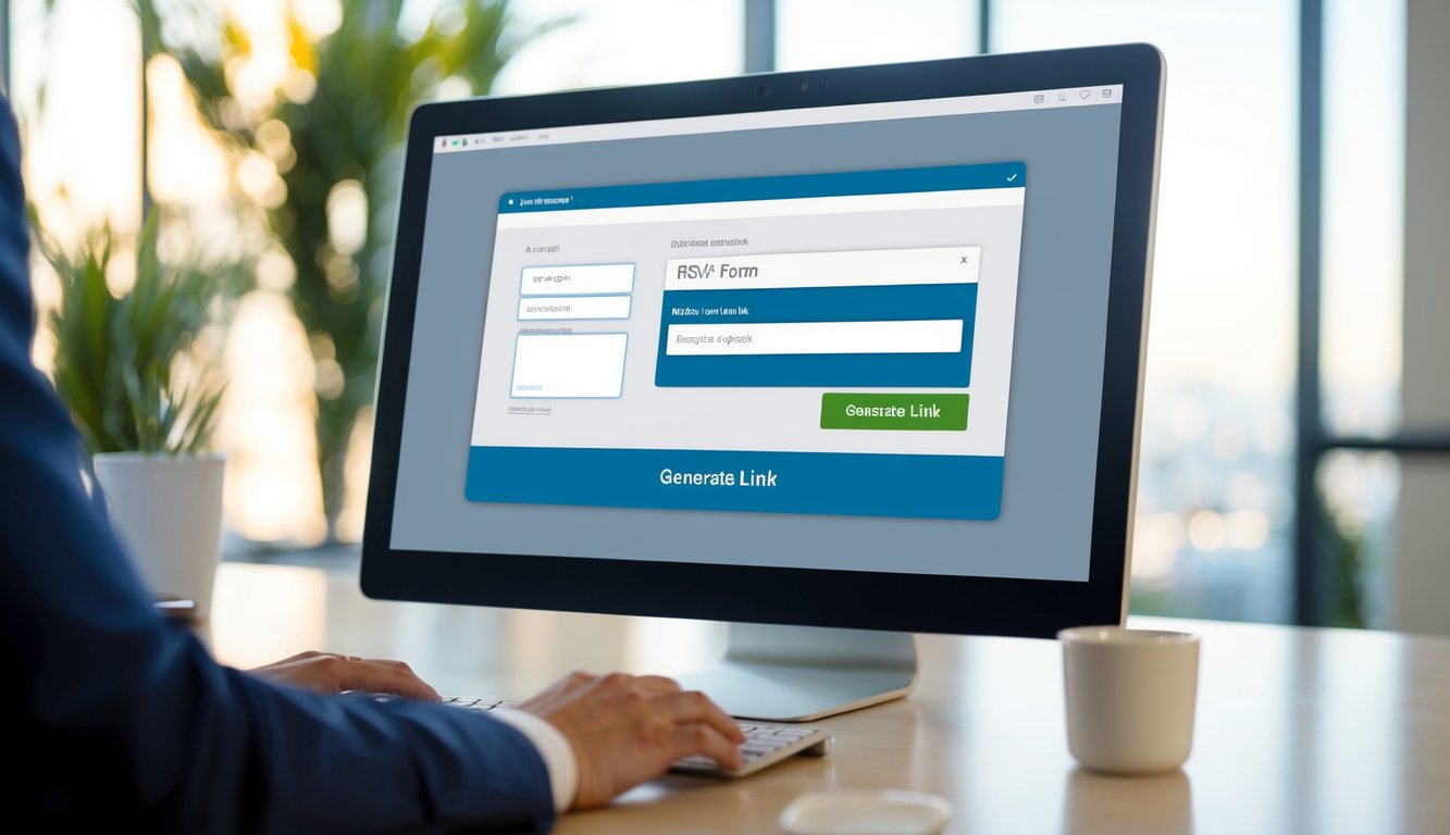 A computer screen displaying a web browser open to a website with a form for creating an RSVP link. The cursor hovers over the "Generate Link" button