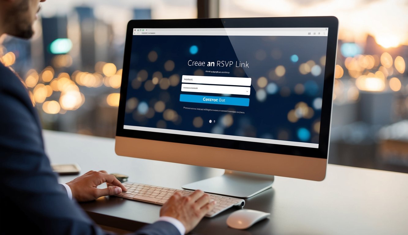A computer screen displaying a website with a form for creating an RSVP link. A mouse cursor hovers over the "Generate Link" button