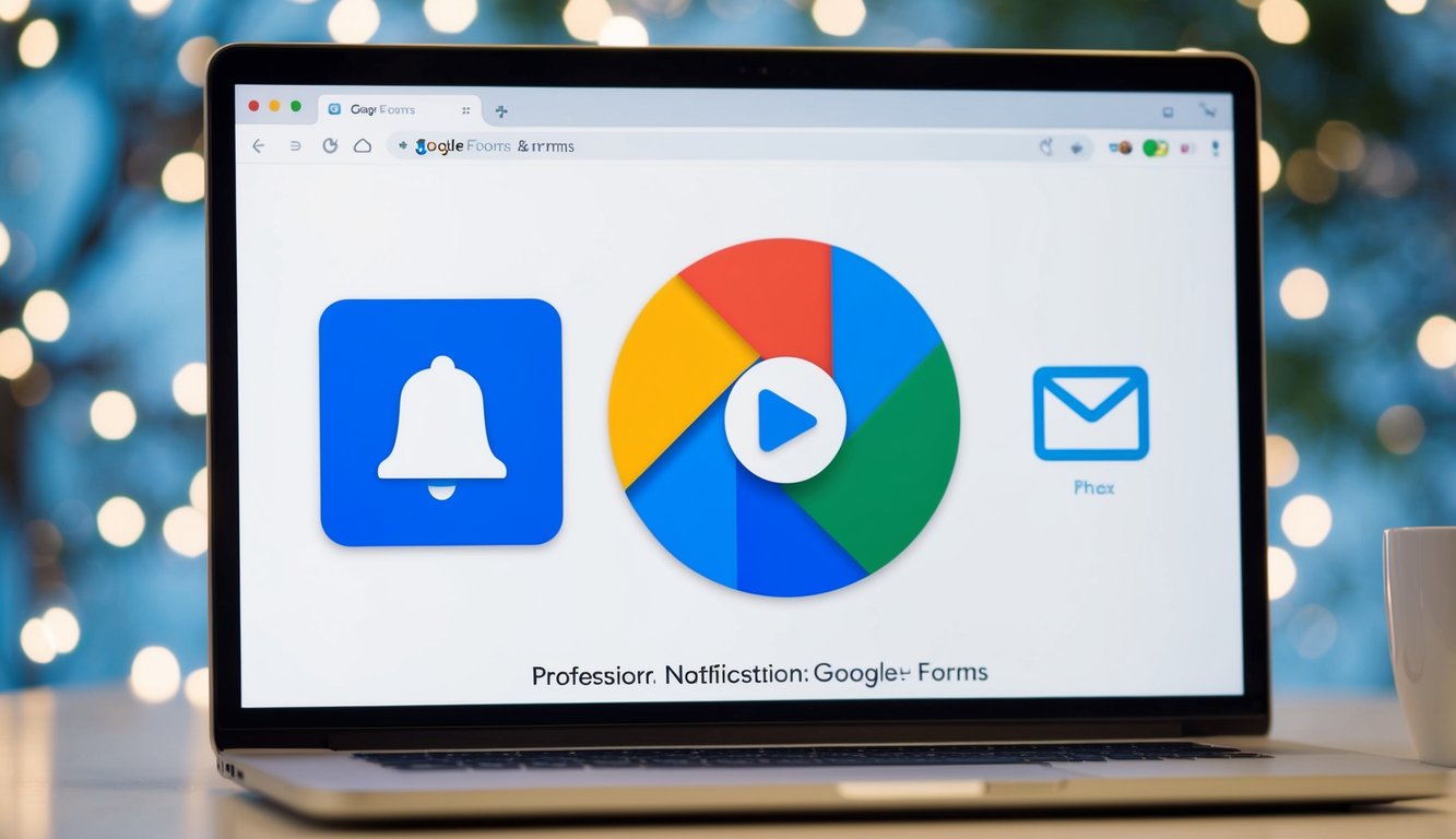 A computer screen displaying the Google Forms interface with a notification bell icon highlighted, next to an email inbox icon