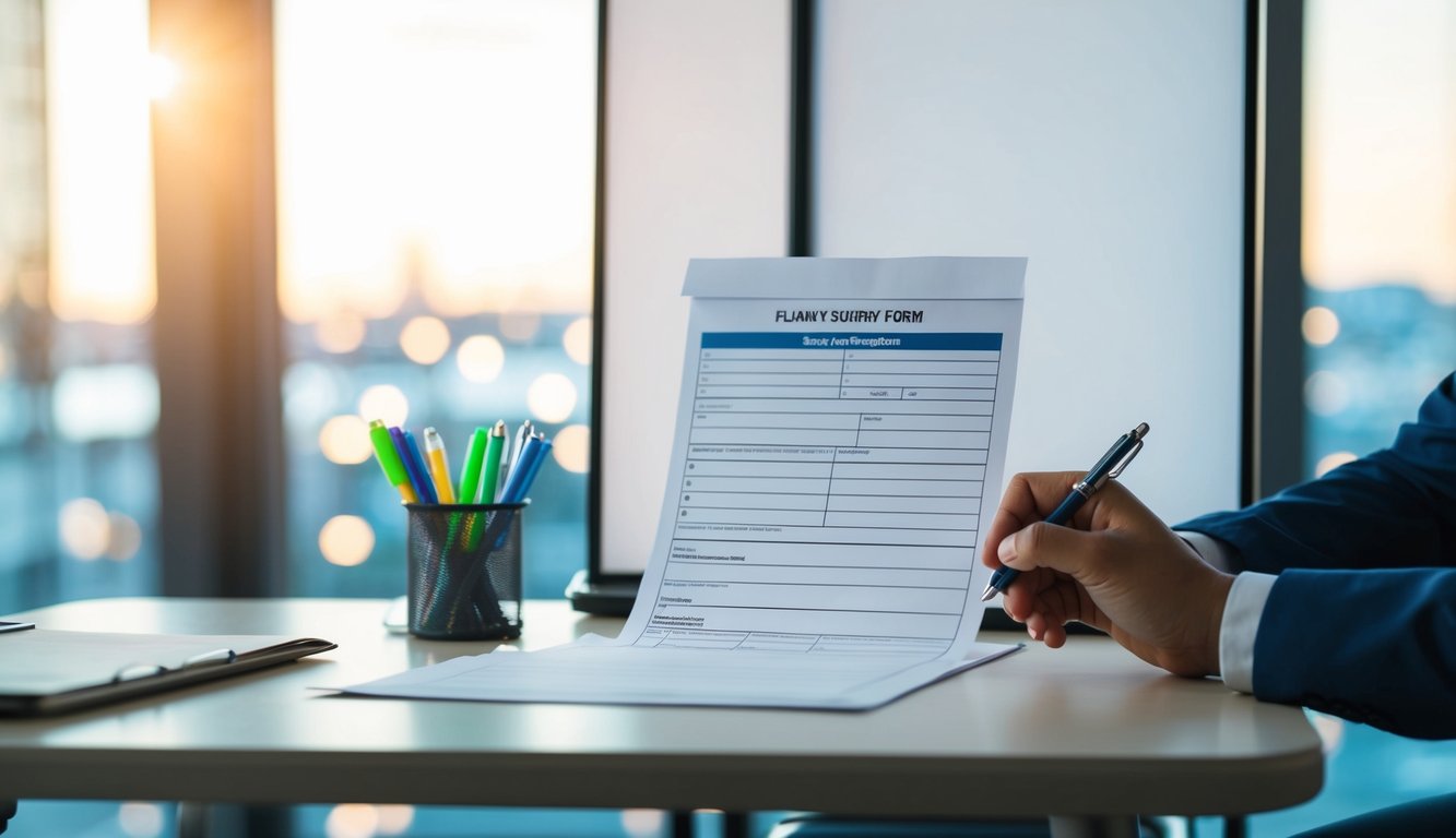 A person places a blank survey form on a table, sets up a privacy screen, and provides pens