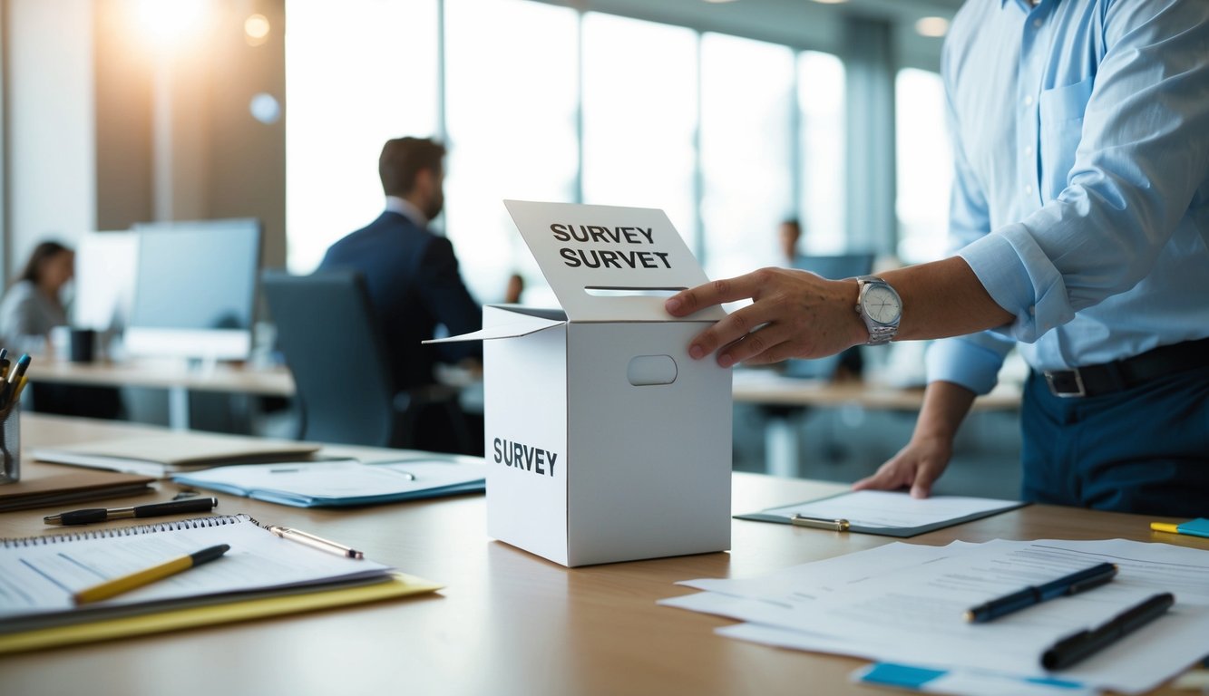 A person placing a survey box on a table in a busy office, surrounded by pens and papers