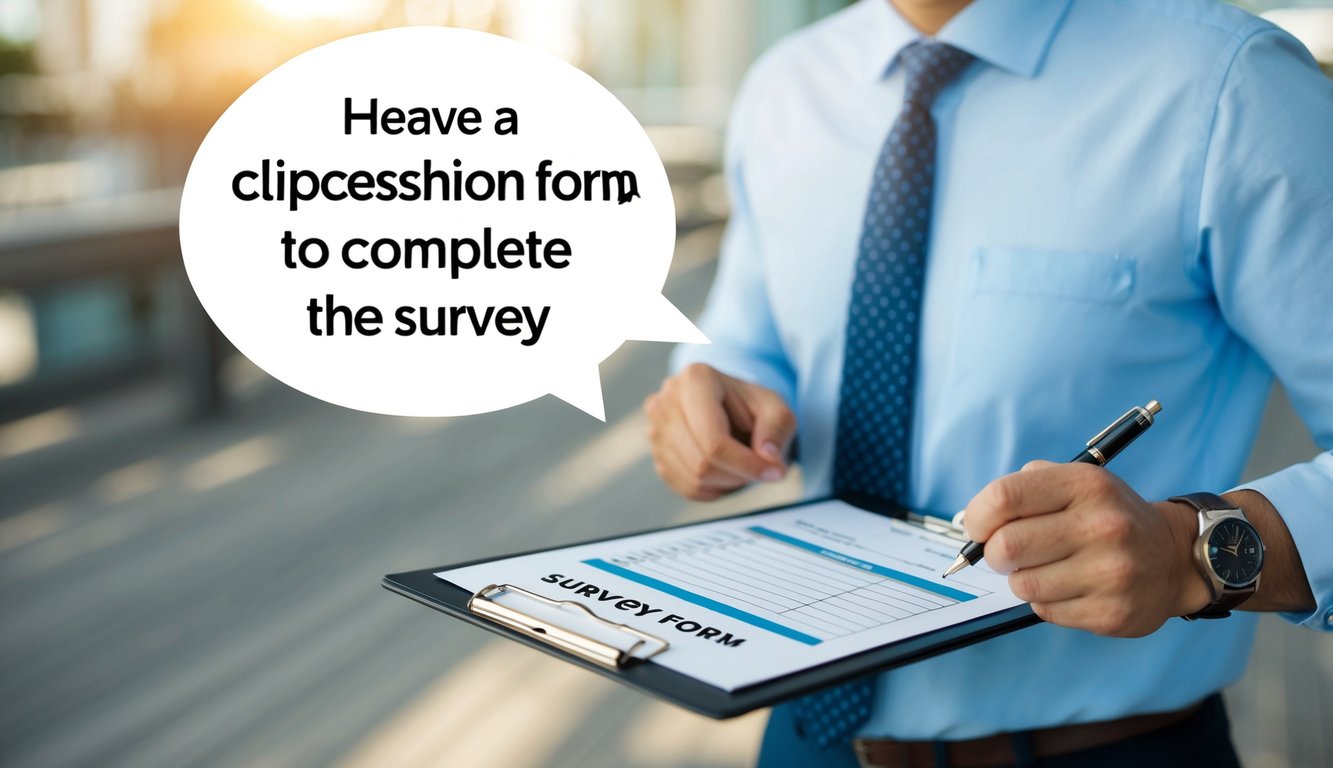 A person holding a clipboard and pen gesturing towards a blank survey form, with a friendly expression and a speech bubble indicating the request to complete the survey