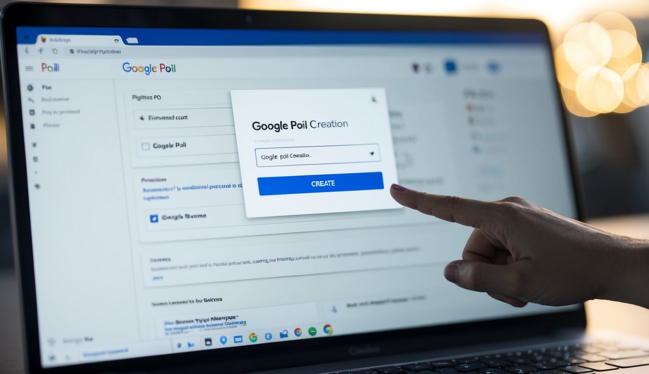 A computer screen displaying the Google poll creation interface with various input fields and options, a mouse cursor clicking on the "Create" button