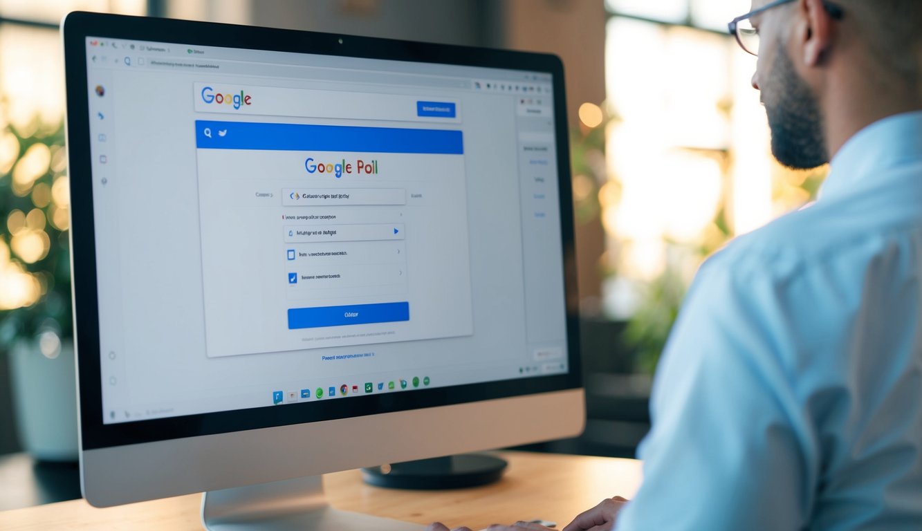 A person using a computer to create a Google poll. The screen shows the poll creation interface with options and settings