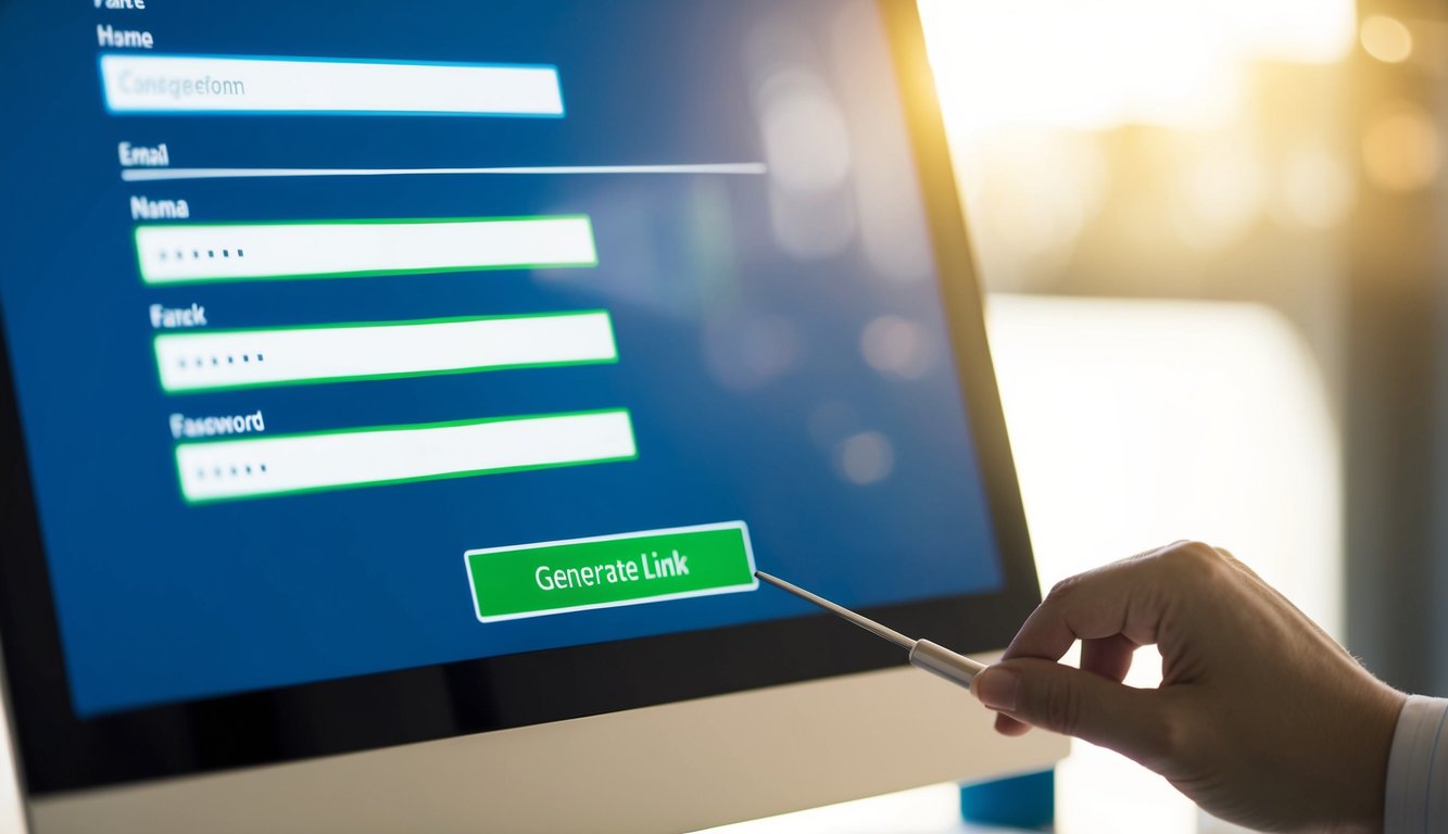 A computer screen displaying a form with fields for name, email, and password. A cursor hovers over a "generate link" button