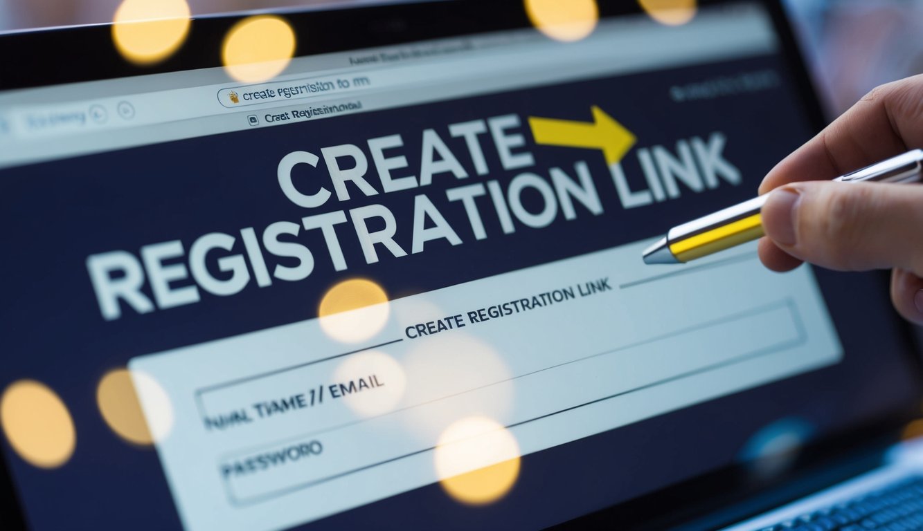 A computer screen with a cursor hovering over a "Create Registration Link" button. A form with fields for name, email, and password is displayed on the screen