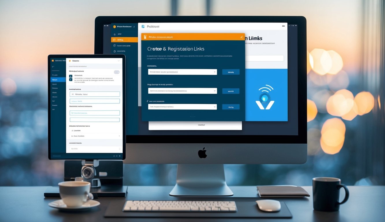 A computer screen displaying a user interface with options to create and distribute registration links. Multiple tabs open with different settings and customization options