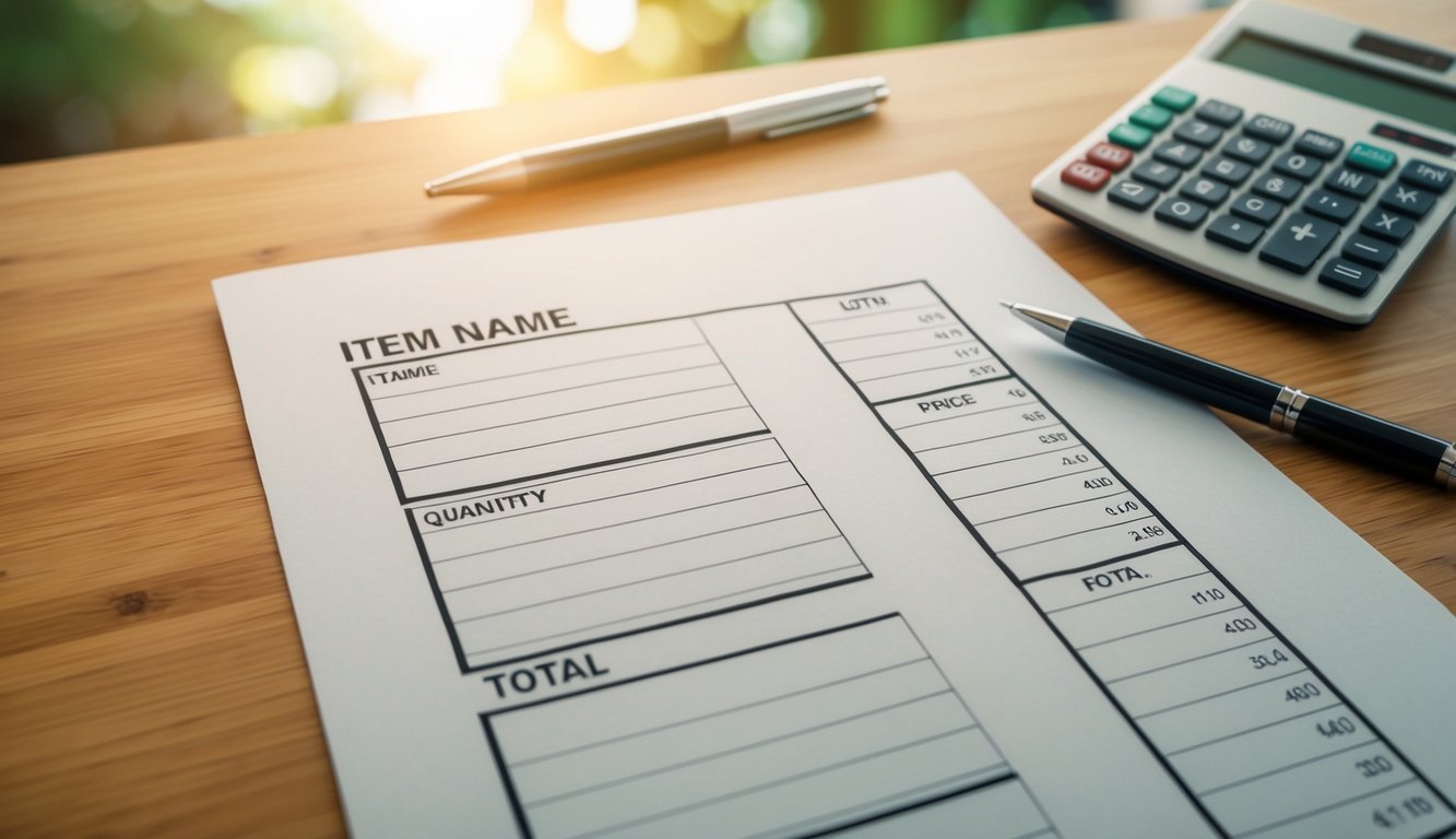 A table with blank spaces and categories for item name, quantity, price, and total. A pen and calculator are nearby