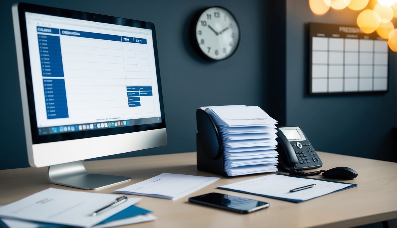 A desk with a computer, pen, and paper. A stack of order forms neatly organized next to a phone. A calendar and clock on the wall