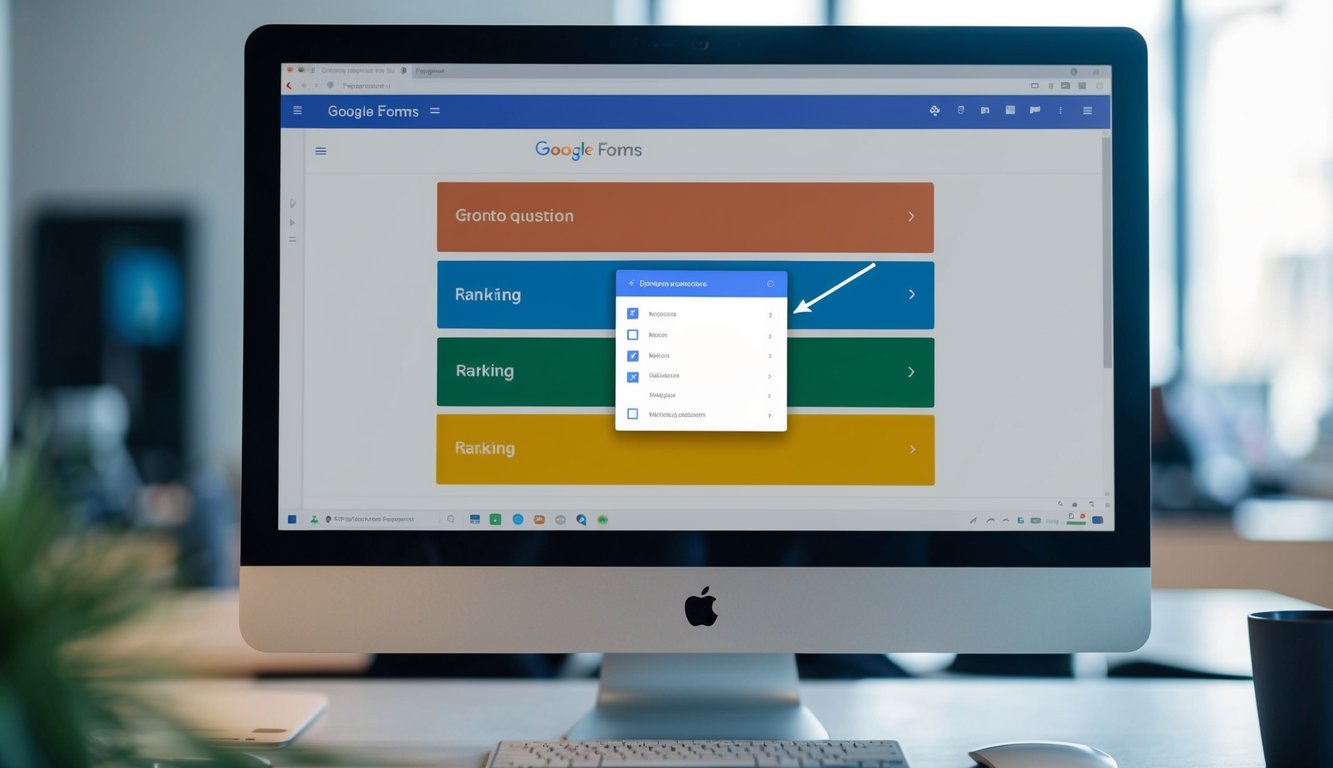 A computer screen showing the Google Forms interface with the user navigating through the options to create a ranking question