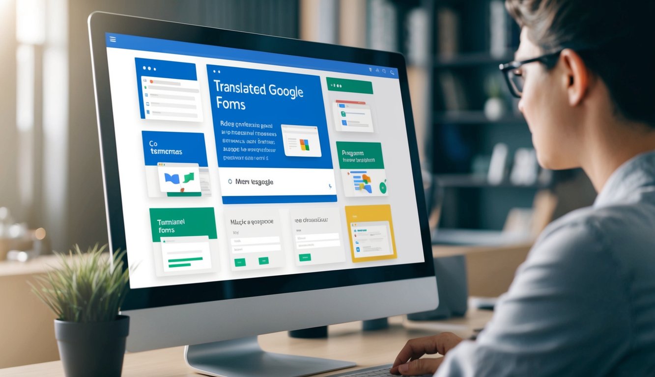 A person uses a computer to manage and collaborate on translated Google Forms. Multiple language options are visible on the screen