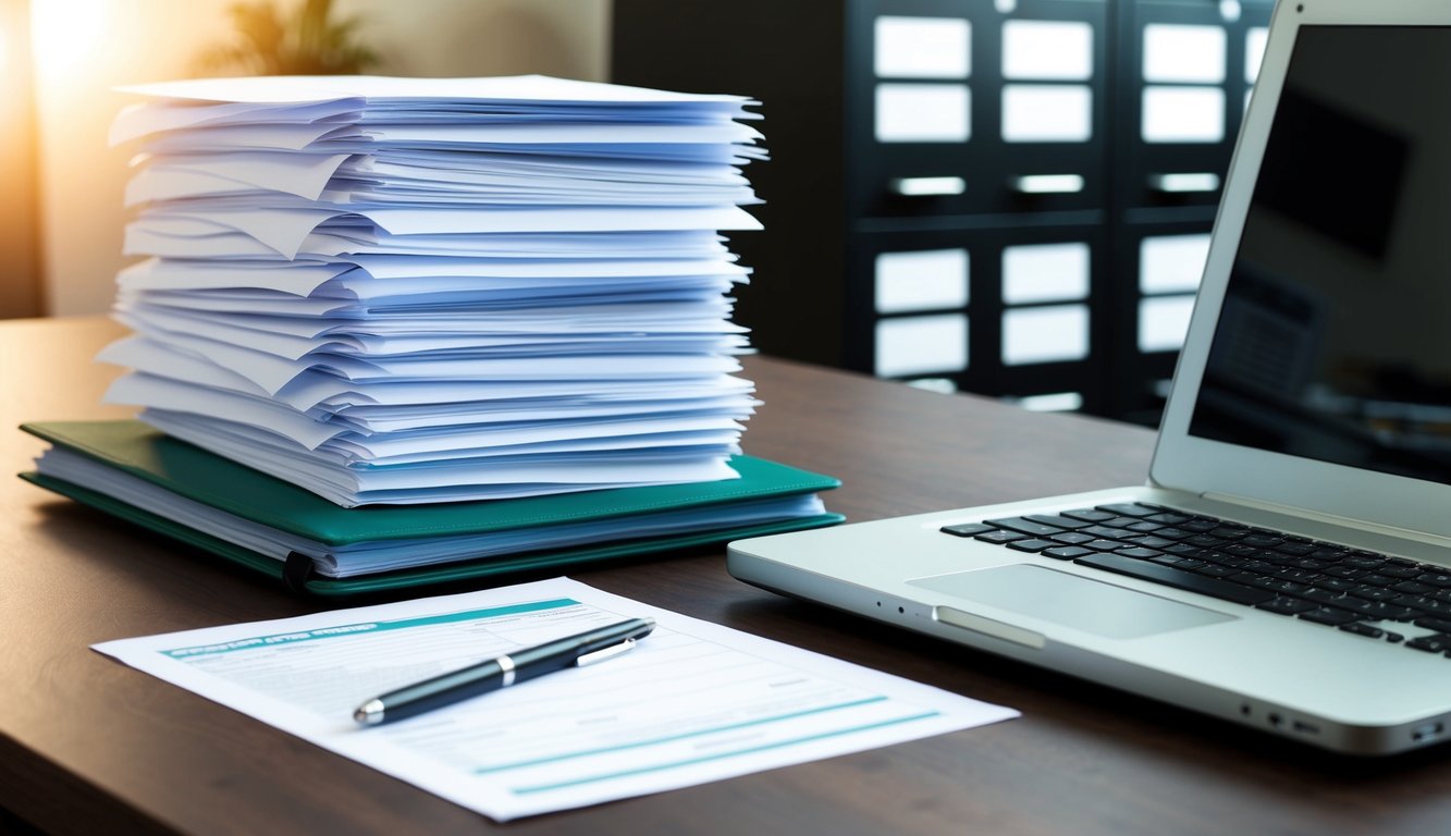 A desk with a laptop, pen, and paper. A stack of completed application forms beside it. An organized filing cabinet in the background