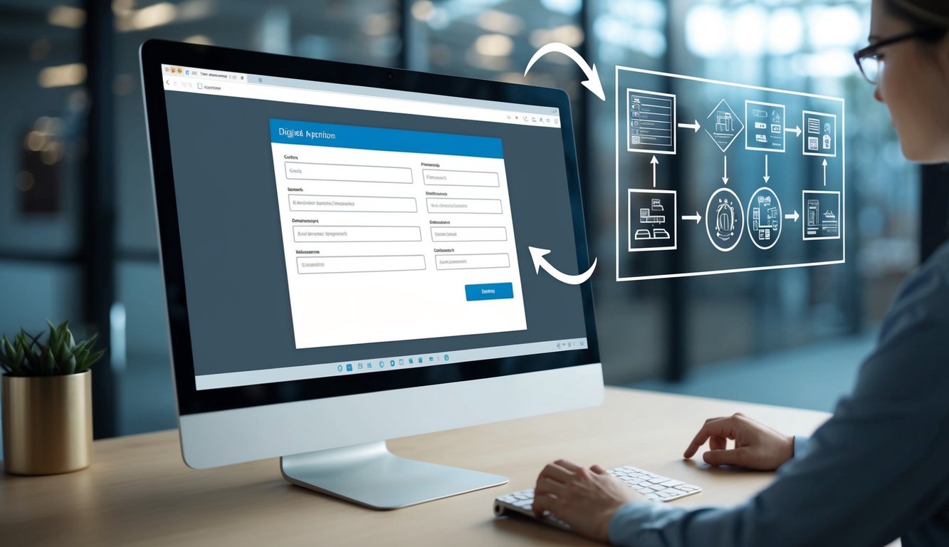 A computer screen displaying a digital application form with various input fields and a submit button. An arrow pointing to a flowchart diagram showing the automation process