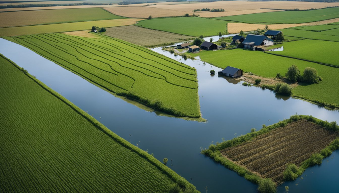 A farm devastated by extreme weather, with flooded fields and damaged crops, resulting in significant financial losses