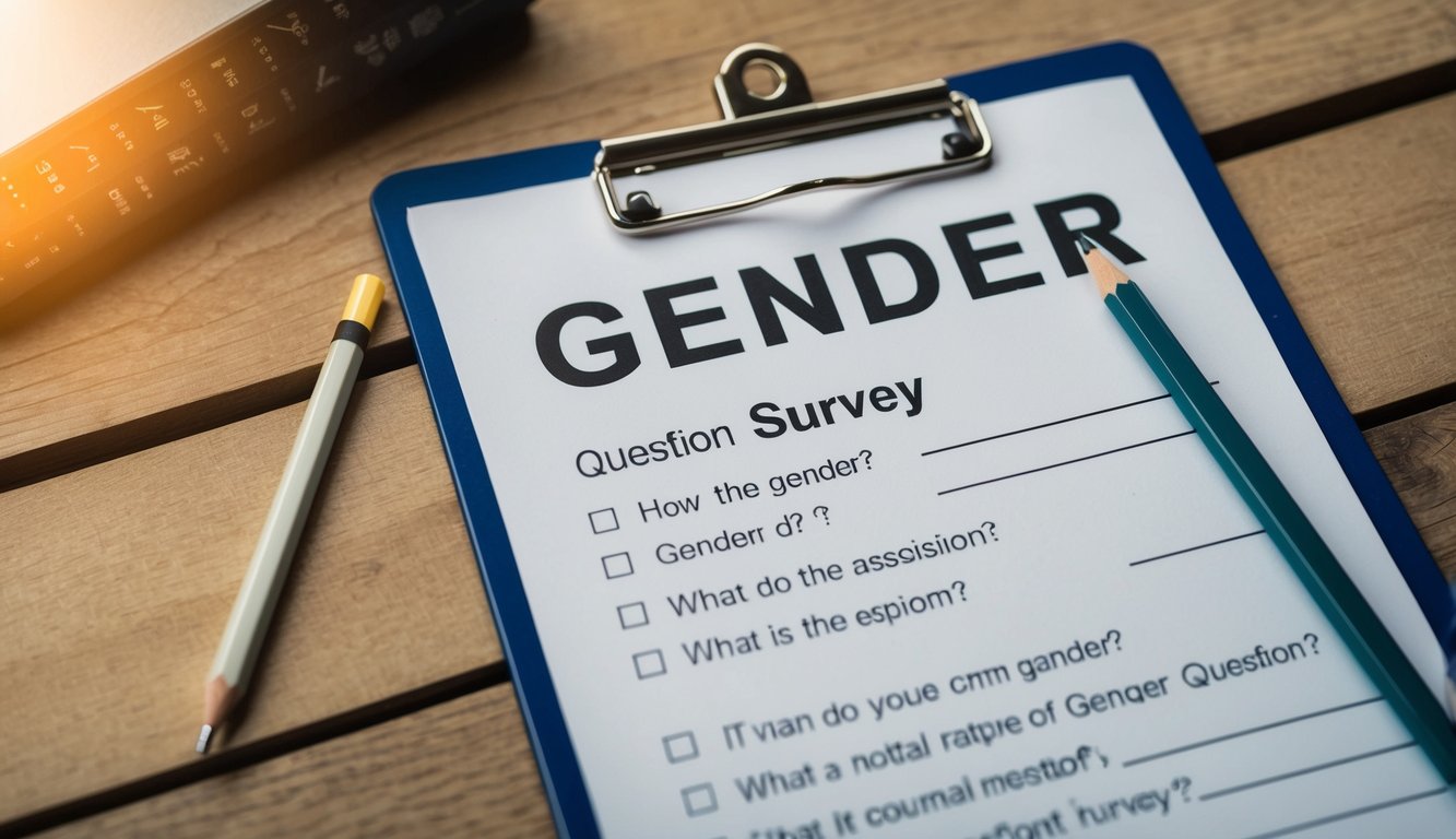 A clipboard with a gender question survey form and a pencil next to it on a wooden table