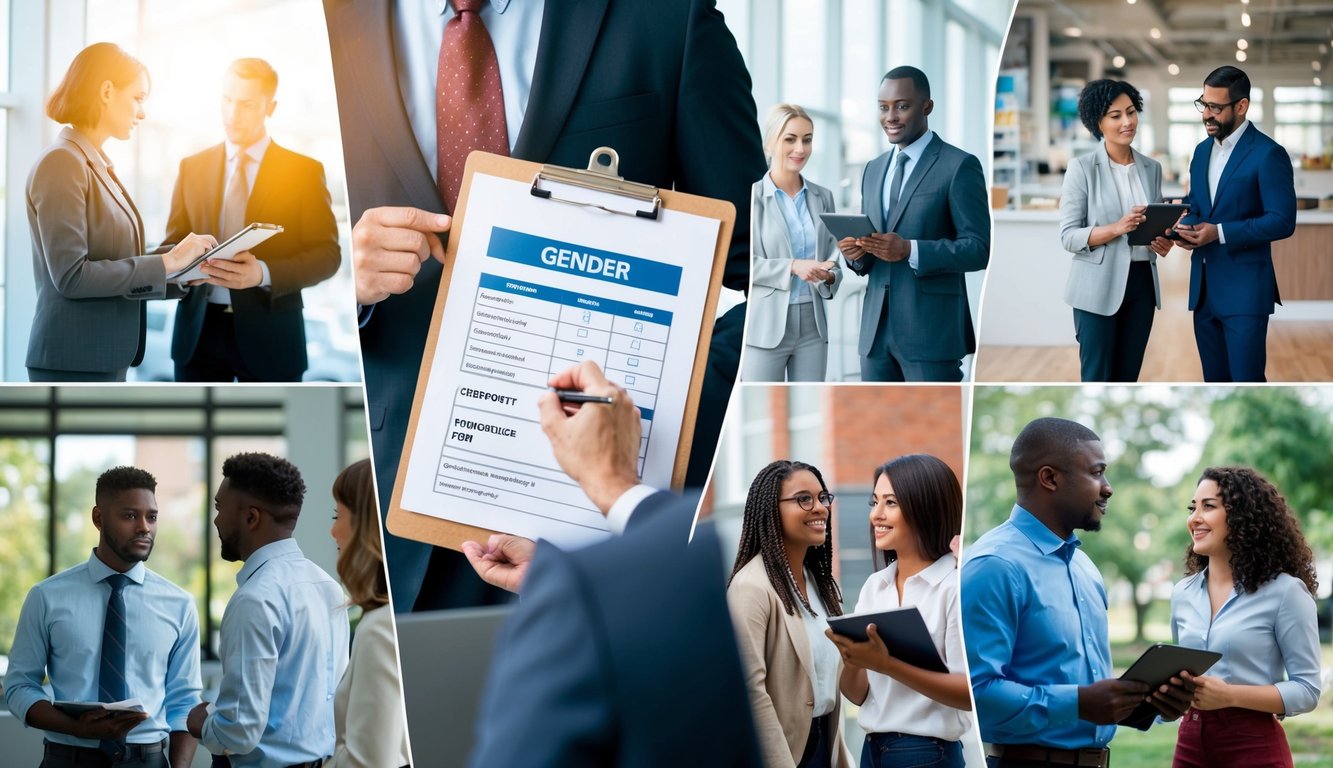 A person holding a clipboard with a survey form, approaching different individuals in various settings such as a workplace, school, and community event to ask about their gender