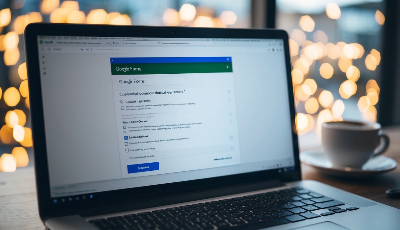 A computer screen with Google Forms open, displaying conditional question options. Dropdown menus and checkboxes are visible