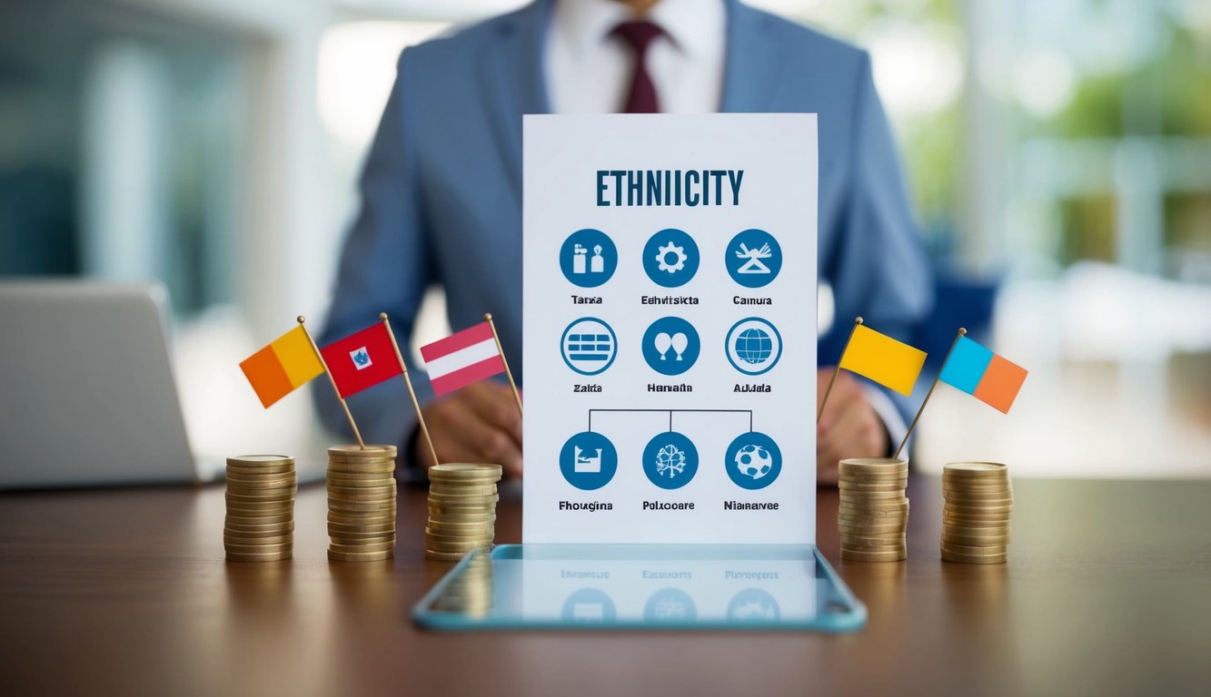 A survey with multiple choice options for ethnicity, represented by different symbols or icons, such as flags or cultural symbols, to allow respondents to select their ethnicity