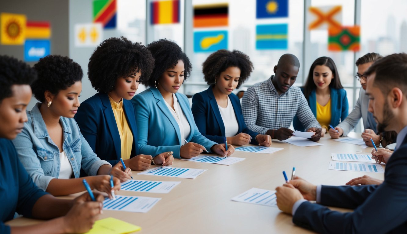 A diverse group of people filling out a survey with various options for ethnicity, including visual representations of different cultural symbols and traditions