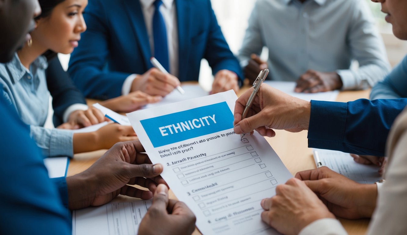 A diverse group of people filling out a survey, with a question about ethnicity highlighted on the form. The survey taker is carefully selecting their response from a list of options