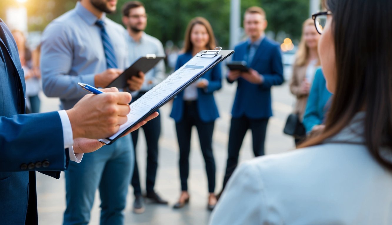 A person holding a clipboard and pen, approaching various individuals in a public setting to ask them questions for a survey