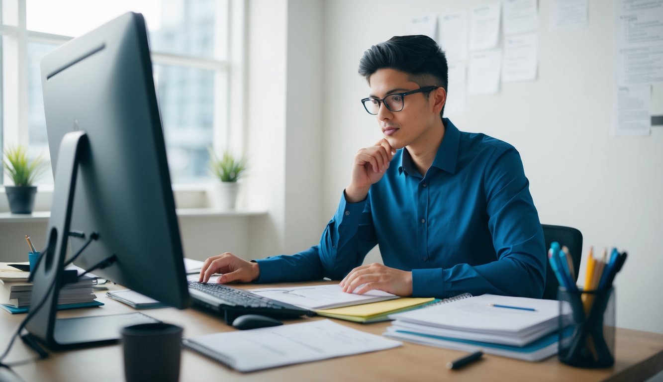 A person sitting at a desk with a computer, surrounded by papers, pens, and a notebook. They are deep in thought, brainstorming ideas for a survey